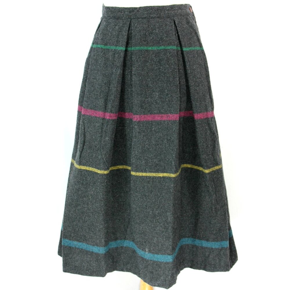 Vintage Avon Striped Wool Midi Mid Length Pleated Full Flair Skirt Gray 1980s M